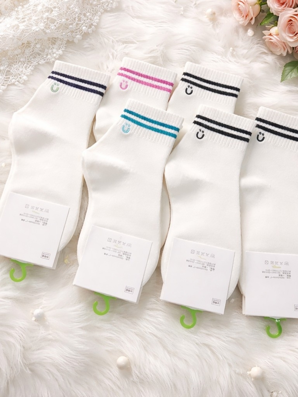 White Crew Socks with Colored Stripes - Pack of Assorted